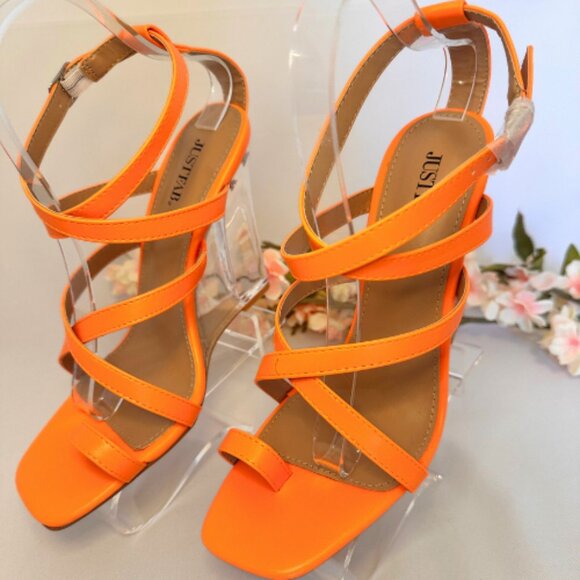 Vibrant Orange Clear Heeled Wedge Sandals, Size 9 - Picture 2 of 10